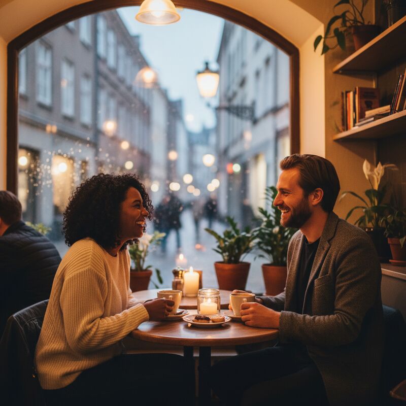Two people on a cosy first date in a European cafe