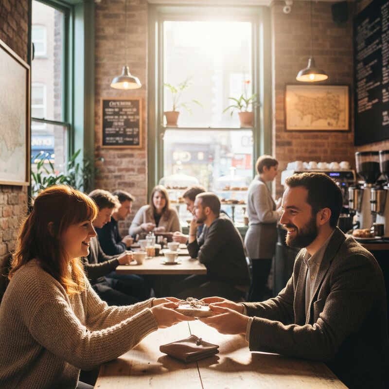 Two people meeting safely in a public cafe for a marketplace exchange