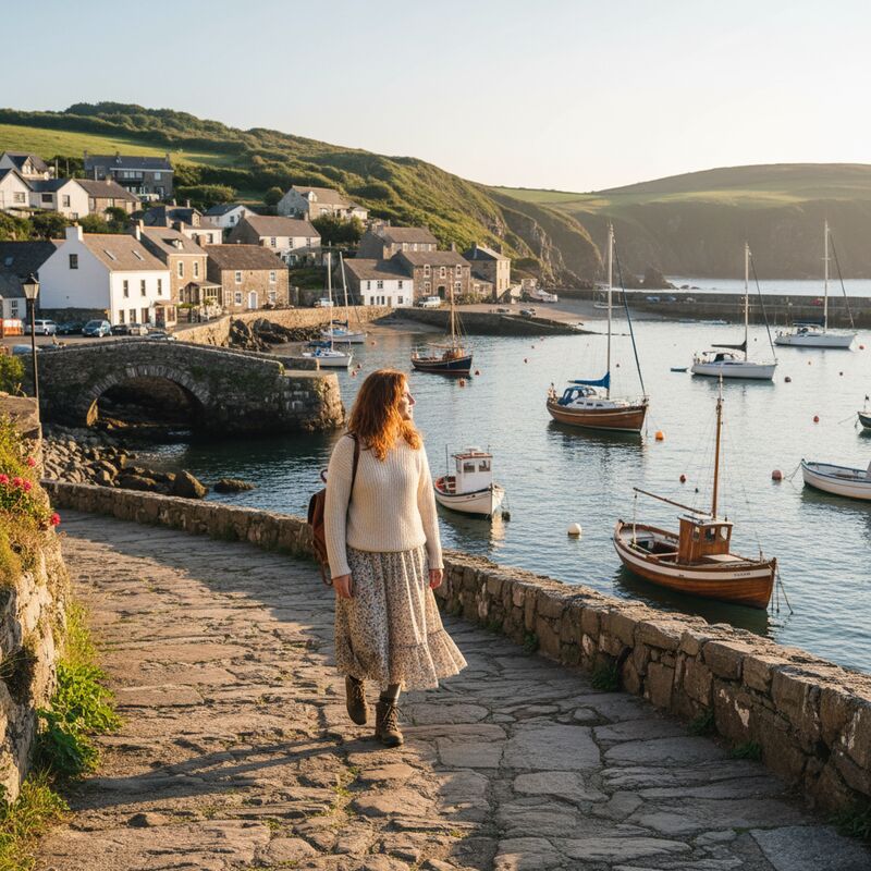 Solo traveller exploring a scenic European harbour town